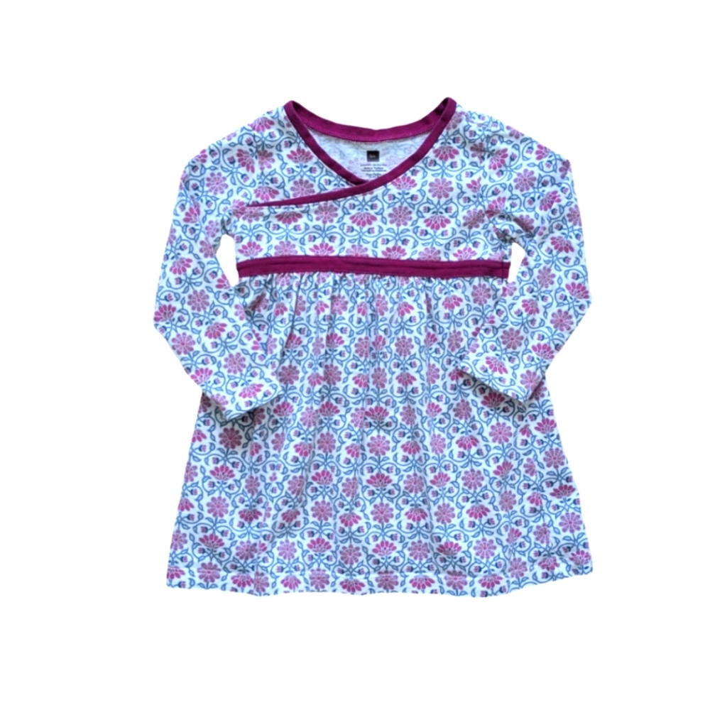 Tea Collection Pink and Purple Floral Long Sleeve Wrap Dress - Size 18-24M